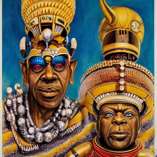 Image similar to beautiful lifelike painting of sun ra and his interstellar arkestra, hyperreal detailed facial features and uv lighting, art by ed roth and basil wolverton