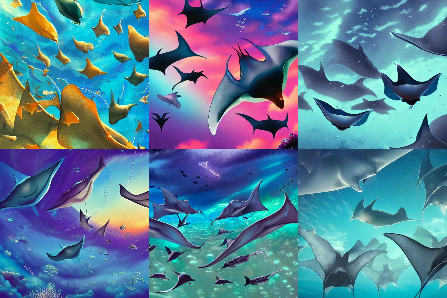 Prompt: a group of magical manta ray swimming in the vibrant skies of a fantasy world, intricate detail, epic composition, 8 k