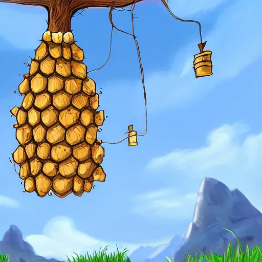 Prompt: digital illustration of a beehive hanging from a tree, with little campfires coming out of it, white background, trending on artstation