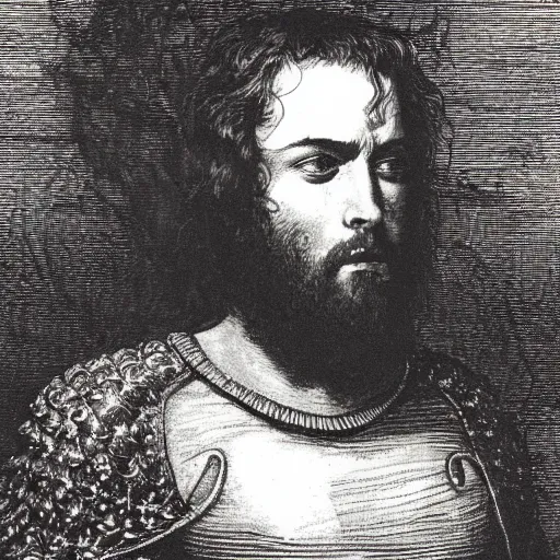 Image similar to closeup portrait of lord macbeth, the thane of glamis, high detail, illustration by gustave dore