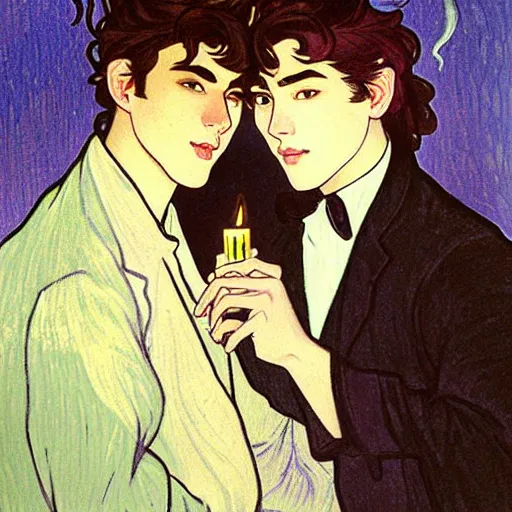 Image similar to painting of young cute handsome beautiful dark medium wavy hair man in his 2 0 s named shadow taehyung and cute handsome beautiful min - jun together at the halloween! party, bubbling cauldron!, candles!, smoke, autumn! colors, elegant, wearing suits!, clothes!, delicate facial features, art by alphonse mucha, vincent van gogh, egon schiele