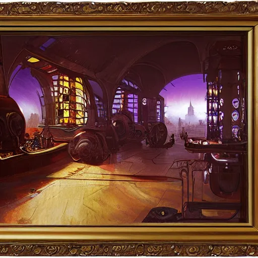 Prompt: detaiked luxury painting of syd mead artlilery scifi organic shaped small convenient store with ornate metal work lands on a farm, fossil ornaments, volumetric lights, purple sun, andreas achenbach