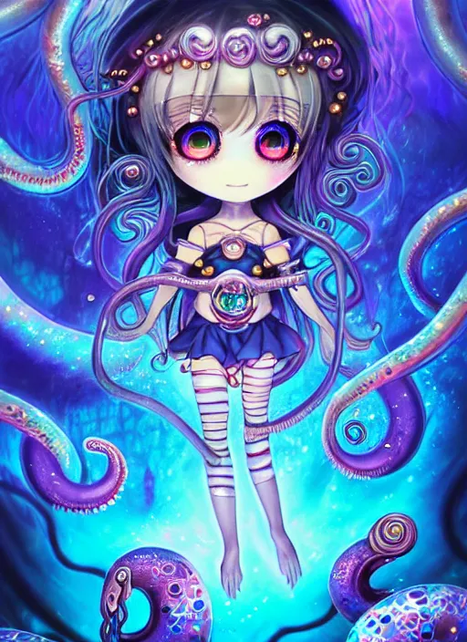 Prompt: A full shot of a chibi girl from the Abyss covered in opal. Symmetrical. Underwater. Dark foreboding Atmosphere. Sailor Moon. Tentacles. Kawaii. Rainbows. By Lisa Frank and HR Giger and Ross Tran. Key Art. Fantasy Illustration. award winning, Artstation, intricate details, realistic, Hyperdetailed, 8k resolution. Photoreal. Octane Render.