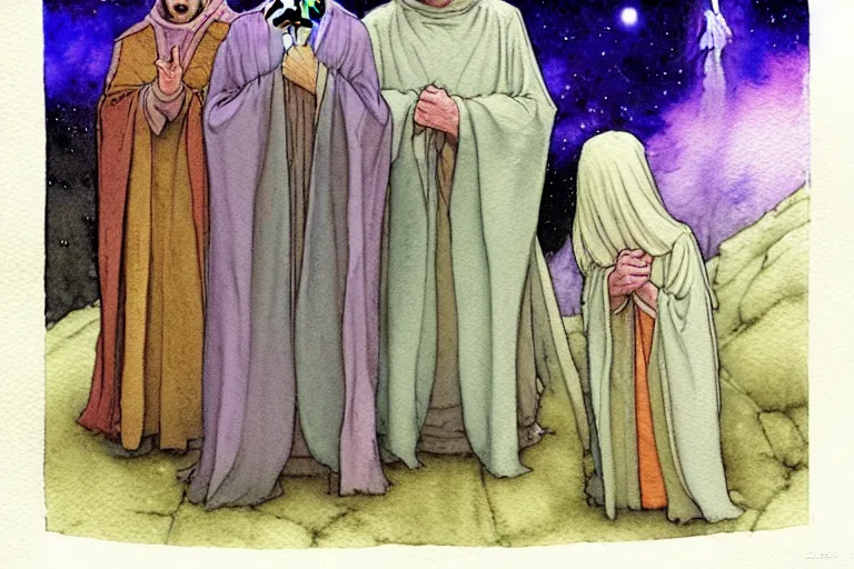 Image similar to a realistic and atmospheric watercolour fantasy character concept art portrait of a three christians wearing robes standing in front of a small fat chibi grey alien. they are emerging from the mist on the moors of ireland at night. a ufo is in the sky. by rebecca guay, michael kaluta, charles vess and jean moebius giraud