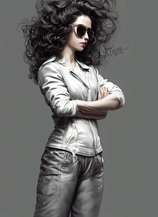 Prompt: girl in very short white! top and very short gray! leather jacket, long dark curly hair, sports glasses on the head high waist sweatpants, intricate, elegant, highly detailed, digital painting, artstation, concept art, smooth, clockwork, sharp focus, illustration, metart, art by artgerm and greg rutkowski and alphonse mucha, 8 k