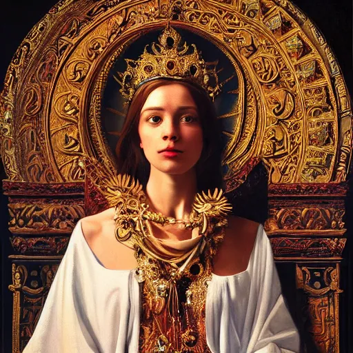 Image similar to Realistic painting of beautiful priestess woman in detailed costume, sitting on a throne in a throne roome in a palace dramatic lighting, high-detailed oil painting by Ilya Repin, William Blake, Michelangelo da Caravaggio, Alex Grey and Beksinski, masterpiece, 4k