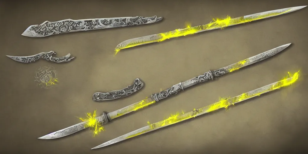 Image similar to silver sword with its blade covered in glowing yellow sigils, realistic, high quality, artstation, concept art
