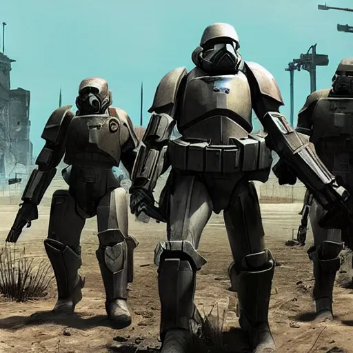 Image similar to Three enclave soldiers standing in the foreground, Half-Life Combine, Fallout Enclave Armor, Wolfenstein, Killzone, Deathtrooper, huge spaceship