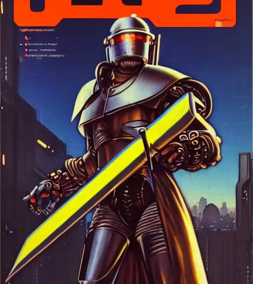 Image similar to a large cyberpunk paladin in rounded heavy plate armor wearing a crusaders helmet he is holding a large long sword in a cyberpunk setting, 1 9 7 9 omni magazine cover, style by vincent di fate, artgerm, cyberpunk 2 0 7 7, very coherent, detailed, 4 k resolution, unreal engine, daz