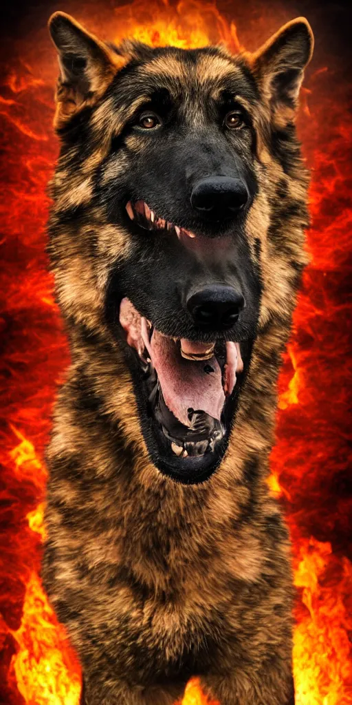 Image similar to close up character portrait icon of the german shepard beast - man, chest muscles, standing in hell landscape, 4 k, tone mapping