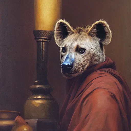 Image similar to attractive hyena wearing a monk robes holding invense burner. natural lighting by ruan jia, portrait