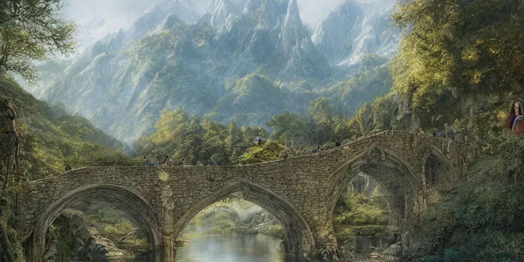 Image similar to Arwen and Aragorn at the bridge in Rivendell in the evening, detailed matte painting, cinematic, Alan Lee, Artstation