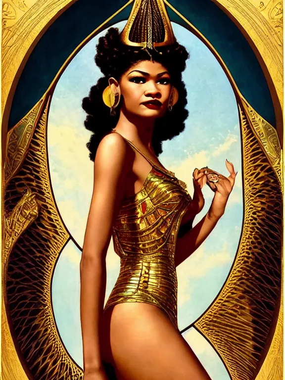 Image similar to Zendaya as Bast the Egyptian goddess, a beautiful art nouveau portrait by Gil elvgren, moonlit Nile river environment, centered composition, defined features, golden ratio, intricate gold jewlery