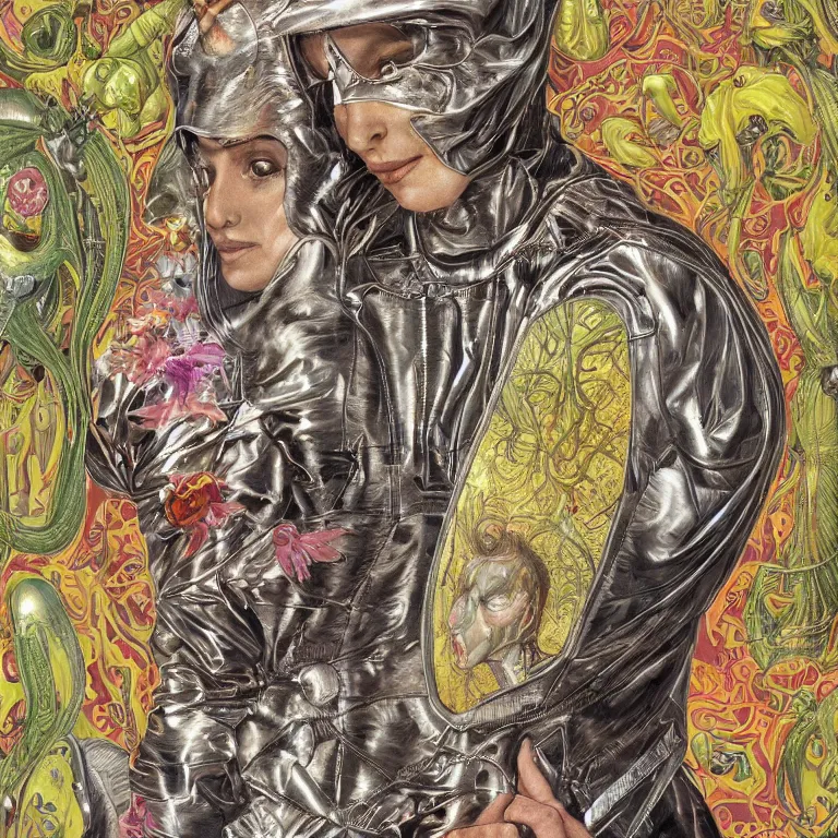 Prompt: portrait painting by wayne barlow and carlo crivelli and glenn fabry, a woman in a skintight silver shining spacesuit with colorful iridescent detailing, covered in bright colorful alien flora and fauna