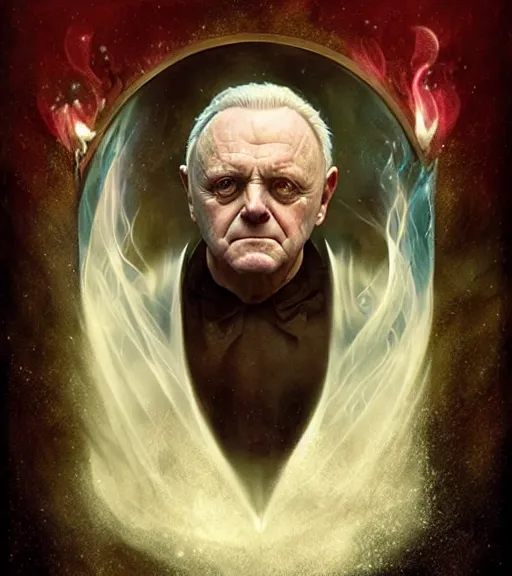 Image similar to A Magical Portrait of Anthony Hopkins as Aleister Crowley the Great Mage of Thelema, art by Tom Bagshaw and David Burroughs Mattingly