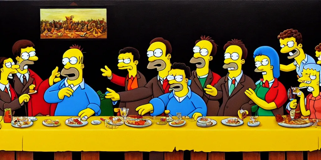 Image similar to last supper styled as simpsons, art, trending in artsation, winning award painting, oleo style,