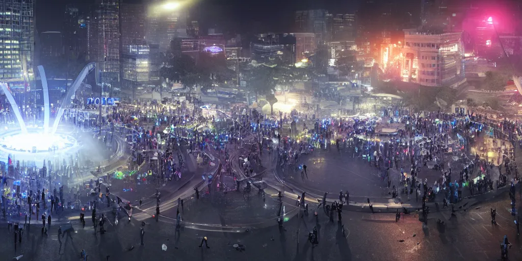 Image similar to policemen protecting a huge spiral - shaped bright luminous attractor right in the center of the city from protesting people,, rain and light fog, professional lighting, concept art in 3 d, high detail, professional lighting, 8 k, unreal engine