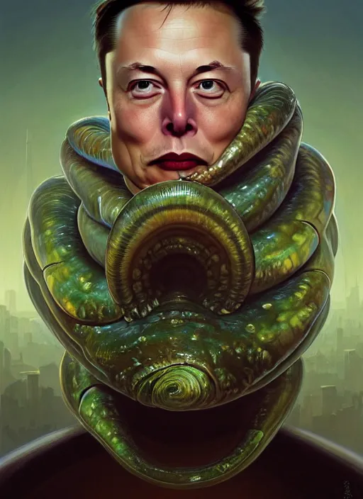 Image similar to elon musk as slimy mollusk character, drool, far shot!!!, wide angle, highly detailed, digital painting, artstation, concept art, wallpaper, smooth, sharp focus, illustration, art by h. r. giger and artgerm and greg rutkowski and alphonse mucha