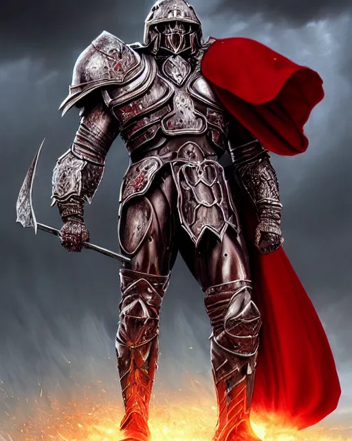 Prompt: ultrarealistic massive giant iron knight with red cape, giant metal helm bladed iron mantle black etched iron armor, bodybuilder body, bone wastes, fantasy character portrait, octane render, extreme intricate details, cinematic lighting, volumetric lighting, artstation, dnd art, cgsociety, sharp focus, digital painting by artgerm, gerald brom, wlop