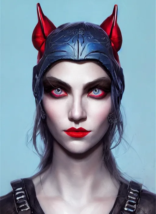 Prompt: artistic portrait of a cool and bored looking northern blond lady with small horns in black leather mask, beautiful blue eyes and red lips, art by artgerm and greg rutkowski and magali villeneuve, highly detailed, digital painting, trending on artstation, concept art, sharp focus, illustration