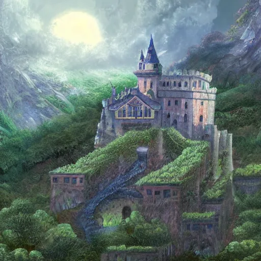 Prompt: a castle on a tall mountain above the clouds that have a lot of plants and vines on it which makes it look old, digital art, fantasy, beautiful, day, detailed