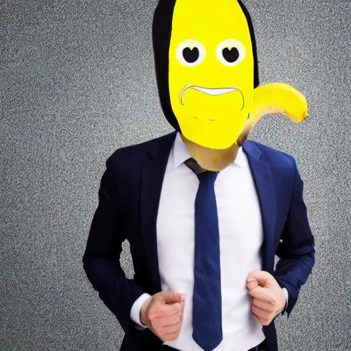 Image similar to a person with a banana head wearing a business suit