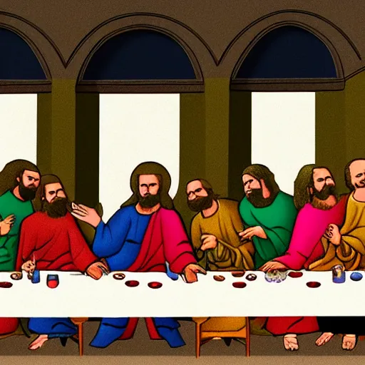 Prompt: an animated colorful cartoon rendering of The Last Supper