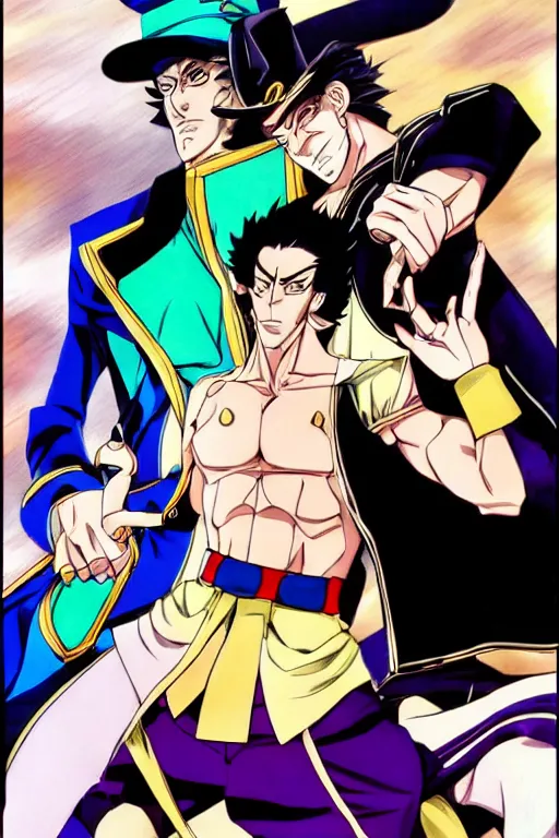 Image similar to manga cover, jotaro vs dio, art by hirohiko araki, vogue outfit, dynamic pose, action pose, muscular, cel - shading coloring