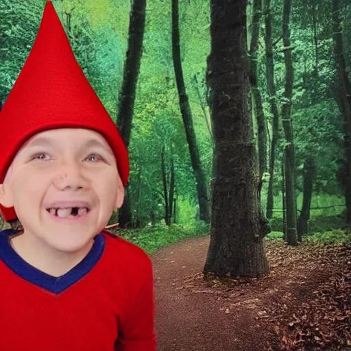 Prompt: a bad quality phone recording of a small person with a smile in his face dressed as a gnome peeking behind a tree, forest trail, night time, bright camera flash, camera shaking, realistic, phone recording, bad quality, 480p, scary