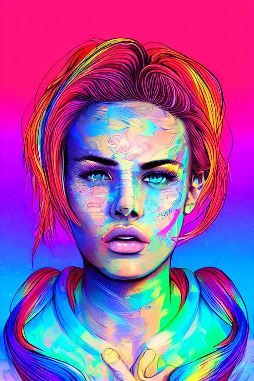 Image similar to a award winning half body portrait of a beautiful woman with stunning eyes in a printed croptop and cargo pants with rainbow colored ombre hairstyle head in motion and hair flying by josan gonzales, outrun, vaporware, shaded flat illustration, digital art, trending on artstation, highly detailed, fine detail, intricate