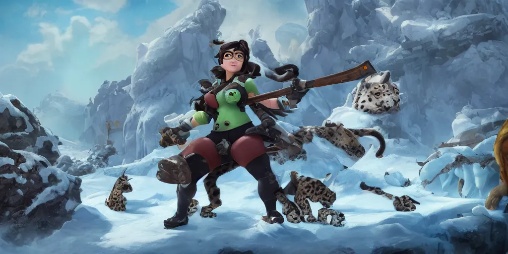 Prompt: matte painting of mei from overwatch holding an axe and fighting snow leopards in ice age, green acid rain, trending on artstation