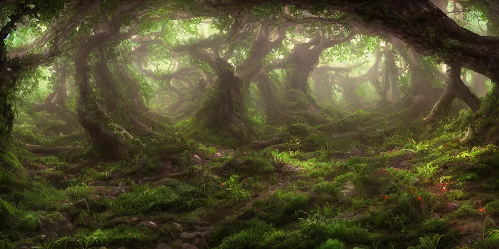 Prompt: beautiful and hyperrealistic lush spiraling forest with every tree species and every flower species, ominous atmosphere, Visual Novel key visual, award-winning digital art on Pixiv, trending on Artstation