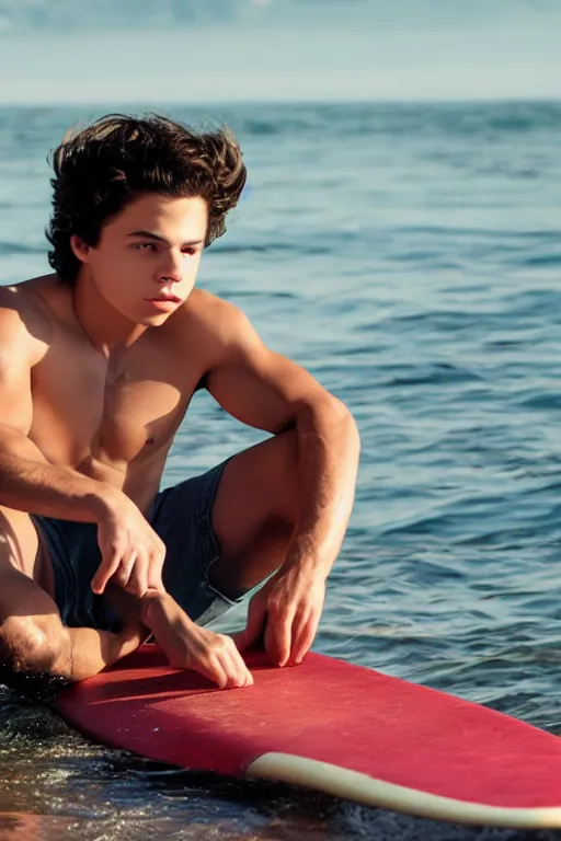 Image similar to young jake t. austin sitting on a surfboard, red weapon 8 k s 3 5, cooke anamorphic / i lenses, highly detailed, cinematic lighting