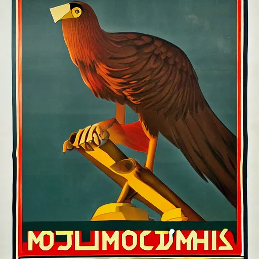 Image similar to soviet propaganda poster depicting a dromaius novaehollandiae in military uniform