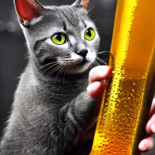 Image similar to a cat is holding a beer