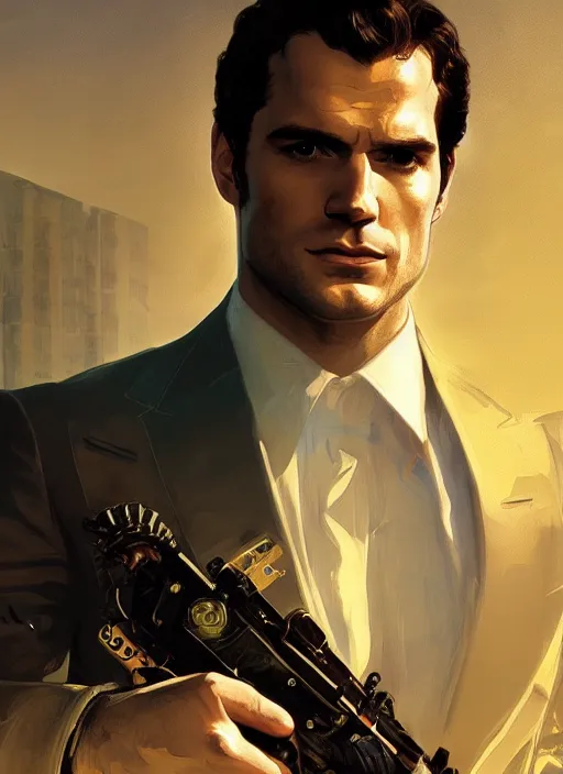 Image similar to portrait of henry cavill as james bond, key art, palm trees, vintage aston martin, highly detailed, digital painting, artstation, concept art, cinematic lighting, sharp focus, illustration, by gaston bussiere alphonse mucha