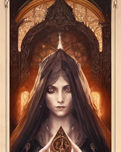 Prompt: tarot card, high priestess, Art nouveau, intricate, elegant, highly detailed, concept art, sharp focus, beautiful face, by bastien deharme, Brom, trending on Artstation