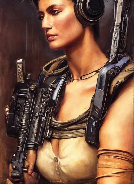 Prompt: buff Sophia. beautiful cyberpunk soldier wearing a military vest and military jumpsuit (cyberpunk 2077). gorgeous african face. Iranian orientalist portrait by john william waterhouse and Edwin Longsden Long and Theodore Ralli and Nasreddine Dinet, oil on canvas. Cinematic, hyper realism, realistic proportions, dramatic lighting, high detail 4k