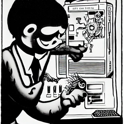 Prompt: a black and white photograph of a man destroying a computer until it sparks, by gary baseman, by robert crumb, by jim henson, photorealistic, surreal, soft lighting, deep shadows, film photography