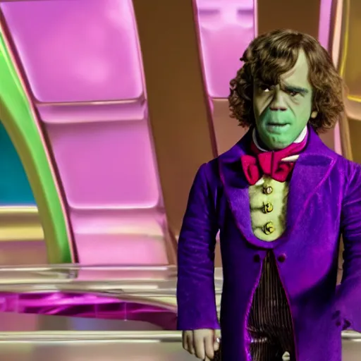 Image similar to film still of peter dinklage as willy wonka, 8 k