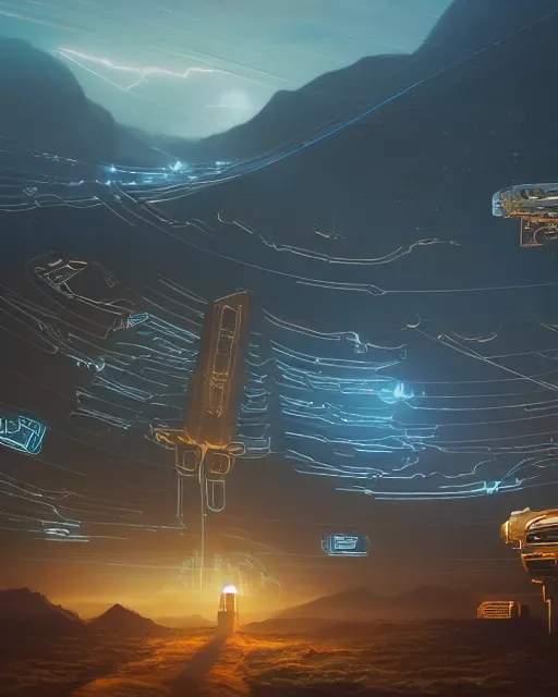 Image similar to cult of technology, exterior of scifi temple, machines, robots, ultra realistic, golden computers, blue, white, highly detailed, mountains, clouds, atmosphere, masterpiece, epic lighting, glowing wires, mysterious, illuminated, 4 k, cinematic, art by patryk olkiewicz and chris ostrowski and liang yao