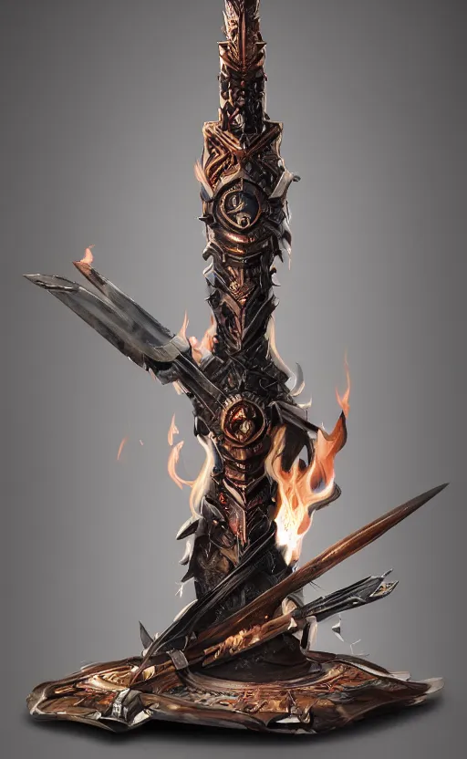 Prompt: dagger with symmetrical dagger features is legendary artifact posed on wooden stand, flames and smoke, front game card, drark, marvel comics, dark, intricate, highly detailed, smooth, artstation, digital illustration by ruan jia and mandy jurgens and artgerm and wayne barlowe and greg rutkowski and zdislav beksinski