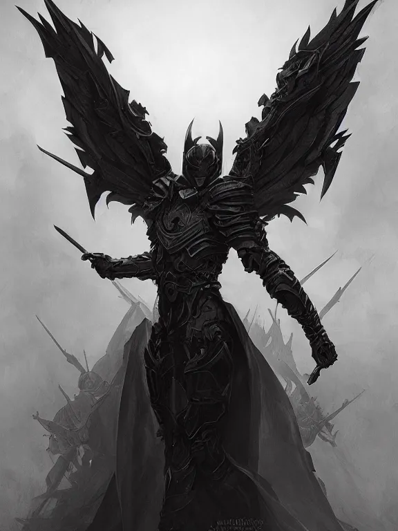 Prompt: the black knight rising from his grave, symmetric armor, wings, undead, highly detailed, minimalism, smooth, sharp focus, dark fantasy, greyscale, digital illustration, by artgerm, greg rutkowski, alphonse mucha