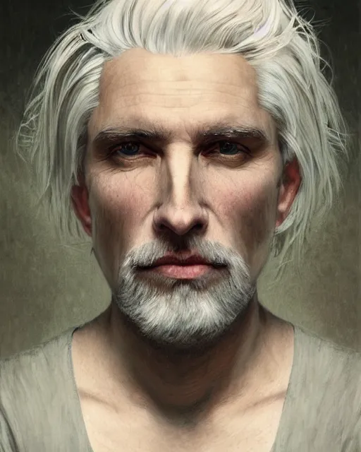 Image similar to portrait of 4 0 - year - old man with white hair with a pale complexion, pointed face and grey eyes, clear smooth face, no beard wearing black clothes, hyper realistic face, beautiful eyes, close up, fantasy art, in the style of greg rutkowski, intricate, alphonse mucha, hyper detailed, smooth