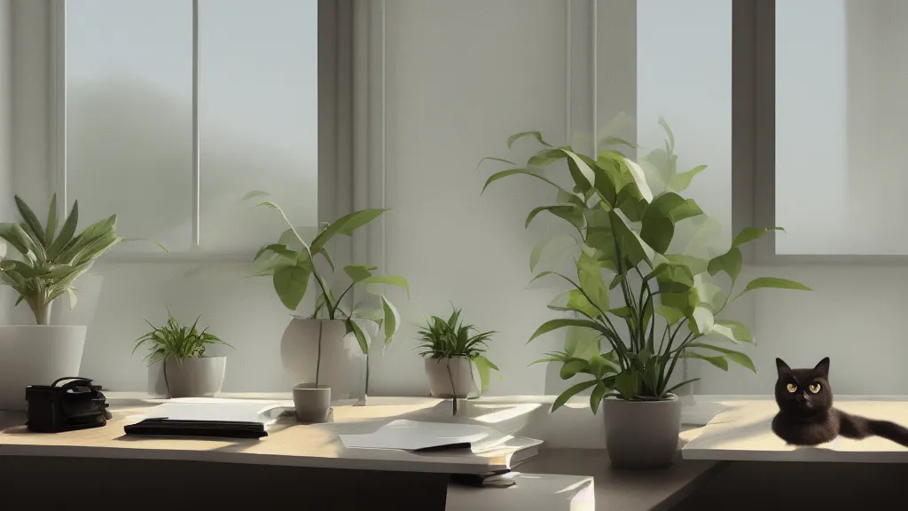 Image similar to peaceful dreamy painting of a sitting at a desk with a black cat, sunshine coming through the window, small plants on the window sill, 8k, hyper realism, trending on artstation, octane render