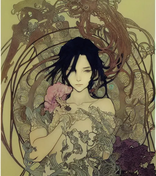 Image similar to yoshitaka amano anime painting, intricate line drawings, pen and ink, alphonse mucha, claire wendling, kentaro miura, ruan jia