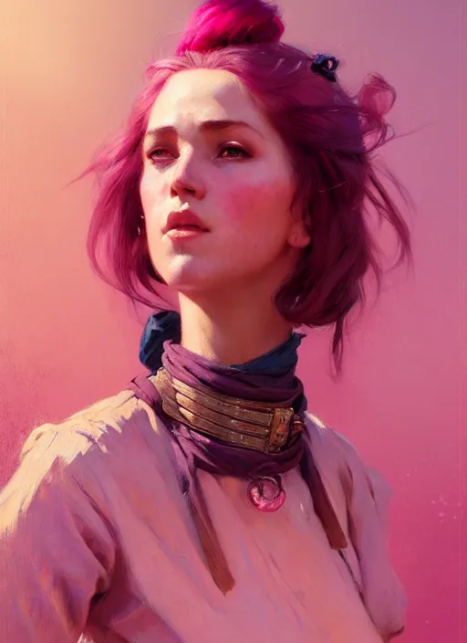 Prompt: female western sherif, beautiful girl, full body, pink hair, in old west, realistic, serov, surikov, vasnetsov, repin, kramskoi, insanely detailed, charlie bowater, tom bagshaw, high resolution, octane rendered, unreal engine, illustration, trending on artstation, masterpiece, 8 k