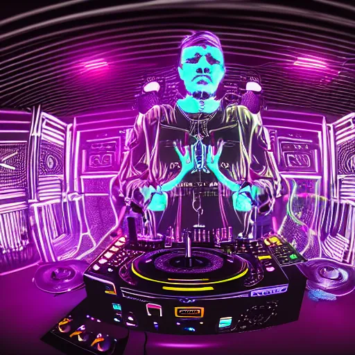 Image similar to intricate detailed artwork of a futuristic hardstyle music dj at an underground warehouse rave in the style of Sandra Pelser, VR headset, wires, speakers, neon