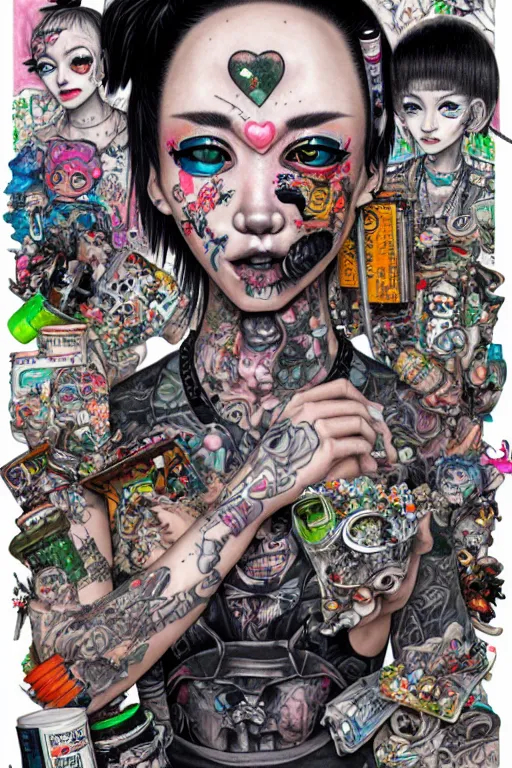 Image similar to full view, from a distance, of anthropomorphic trashcan punk with tattoos, full of trash, style of yoshii chie and hikari shimoda and martine johanna, highly detailed