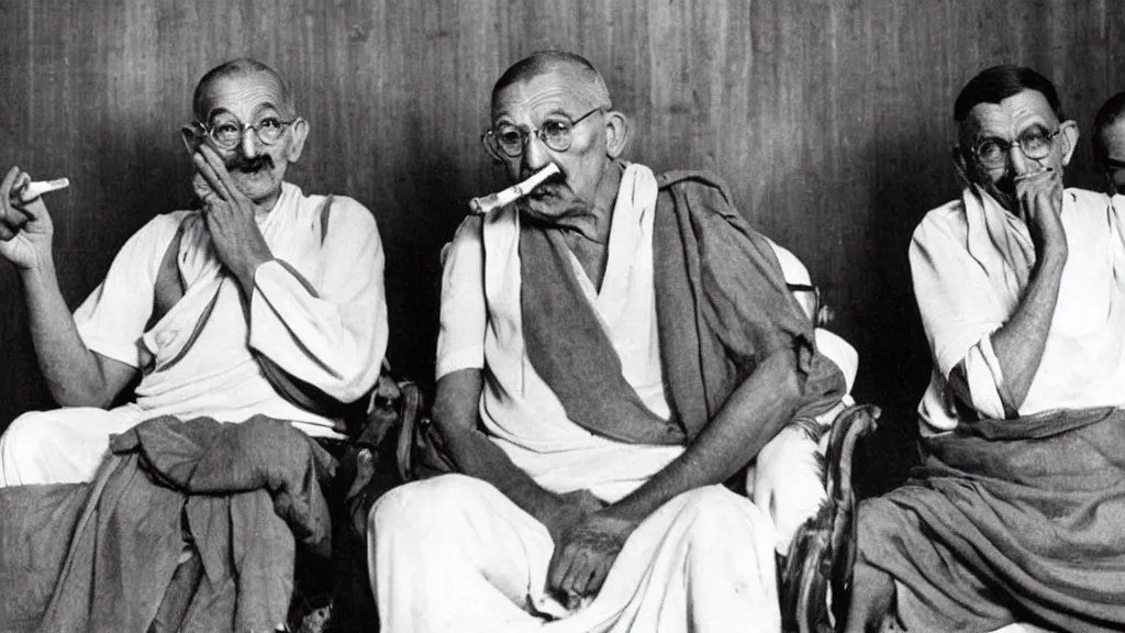 Image similar to gandhi smoking infront of press in a conference, historic old photograph